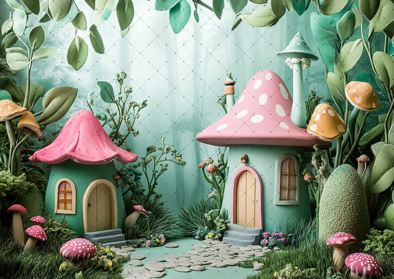 ฉากหลังงานปาร์ตี้วันเกิดธีมเทพนิยาย ป่าธรรมชาติในฝัน พร้อมเห็ด สำหรับถ่ายภาพในสตูดิโอ