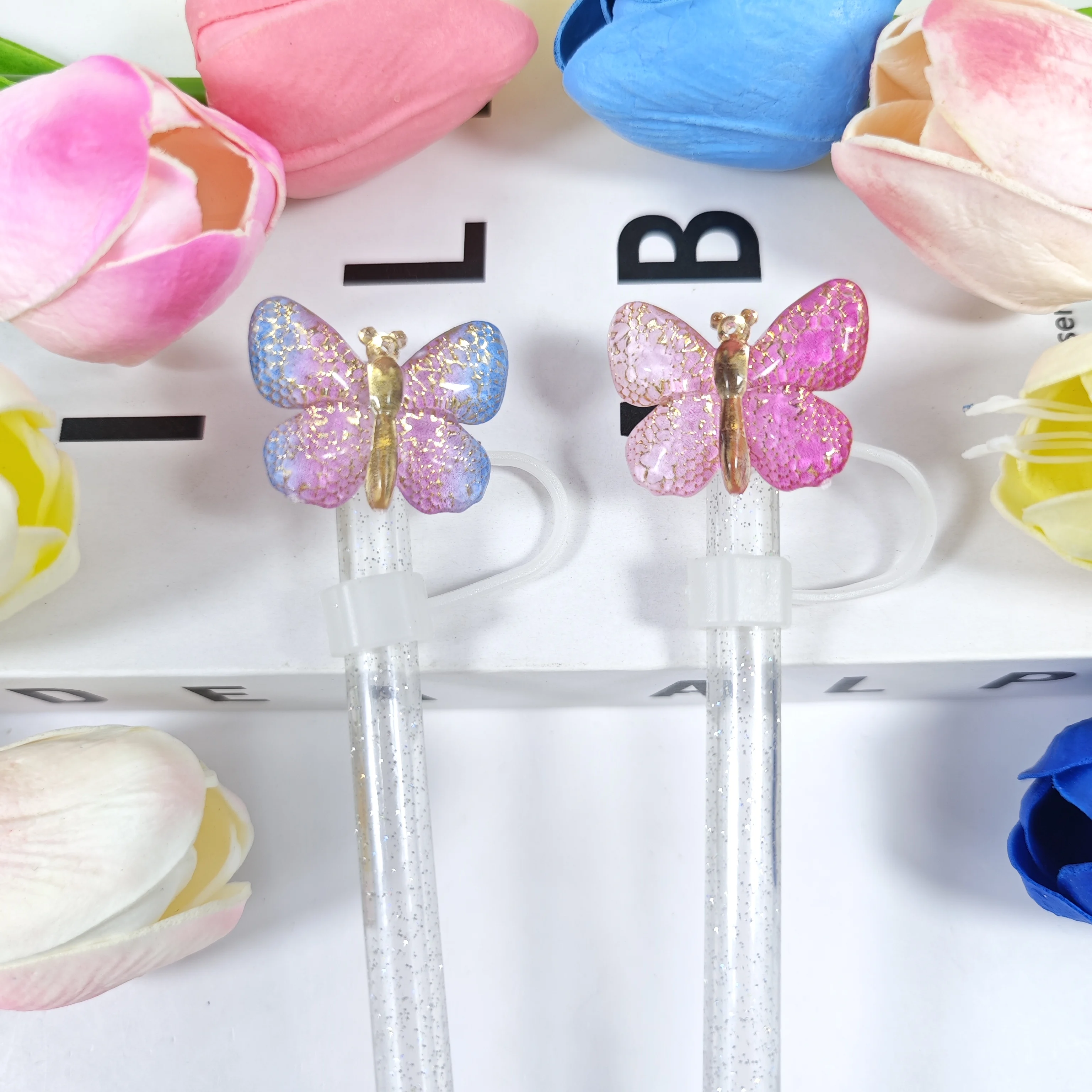 Creative Gradient Butterfly Series Cartoon Straw Cap, Soft Rubber Detachable Straw Dust Cap, Straw Cover
