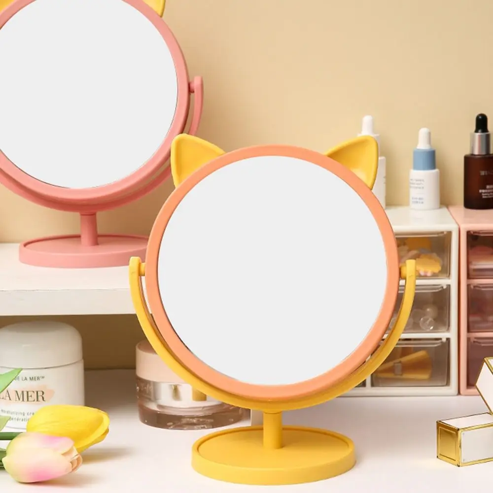 Cute Desktop HD Vanity Mirror Cat Ear 360 Rotation Single Side Makeup Mirror Cartoon Multifunctional Makeup Princess Mirror