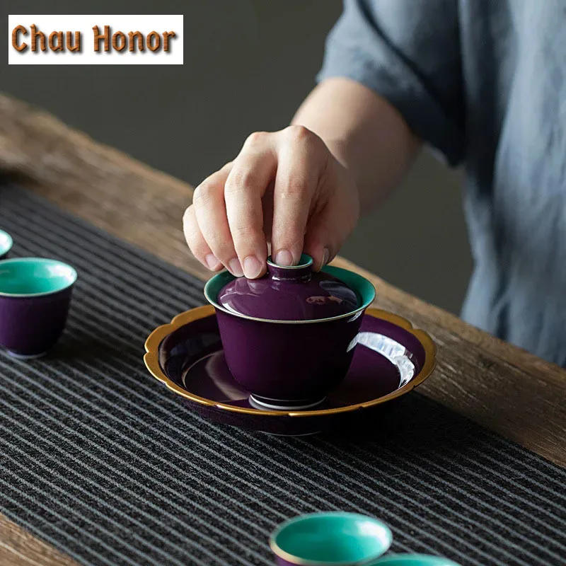 125ml Handmade Purple Glaze Ceramic Tea Tureen Chinese Imperial Palace Style Tea Maker Gaiwan Kung Fu Puer Tea Set Tea Ceremony