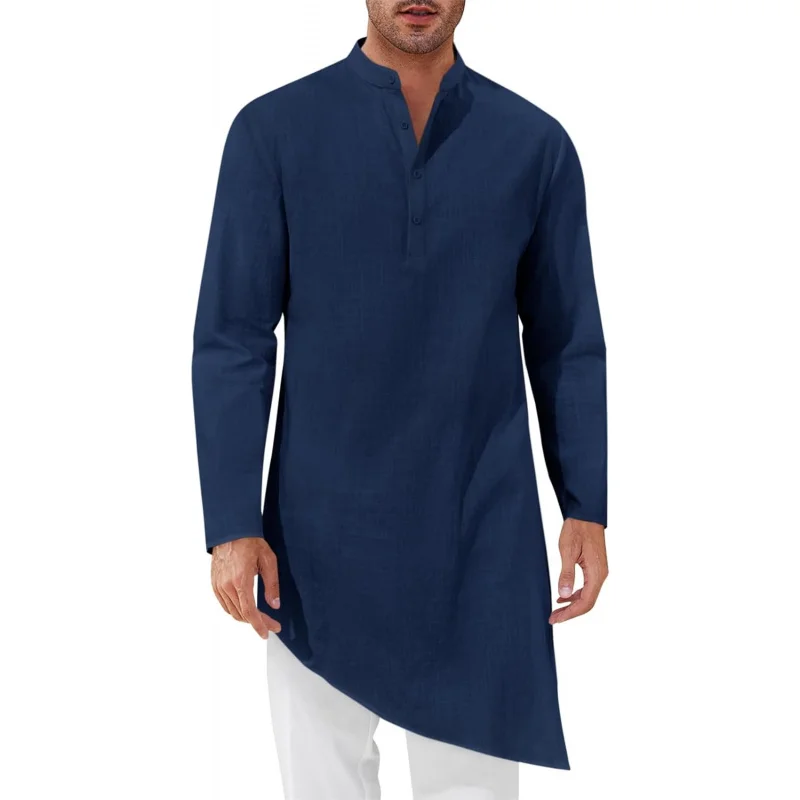 

Mens Kaftan Robe Thobe Cotton Long Sleeve Henley Shirt Casual Muslim Gown Kurta Tops
