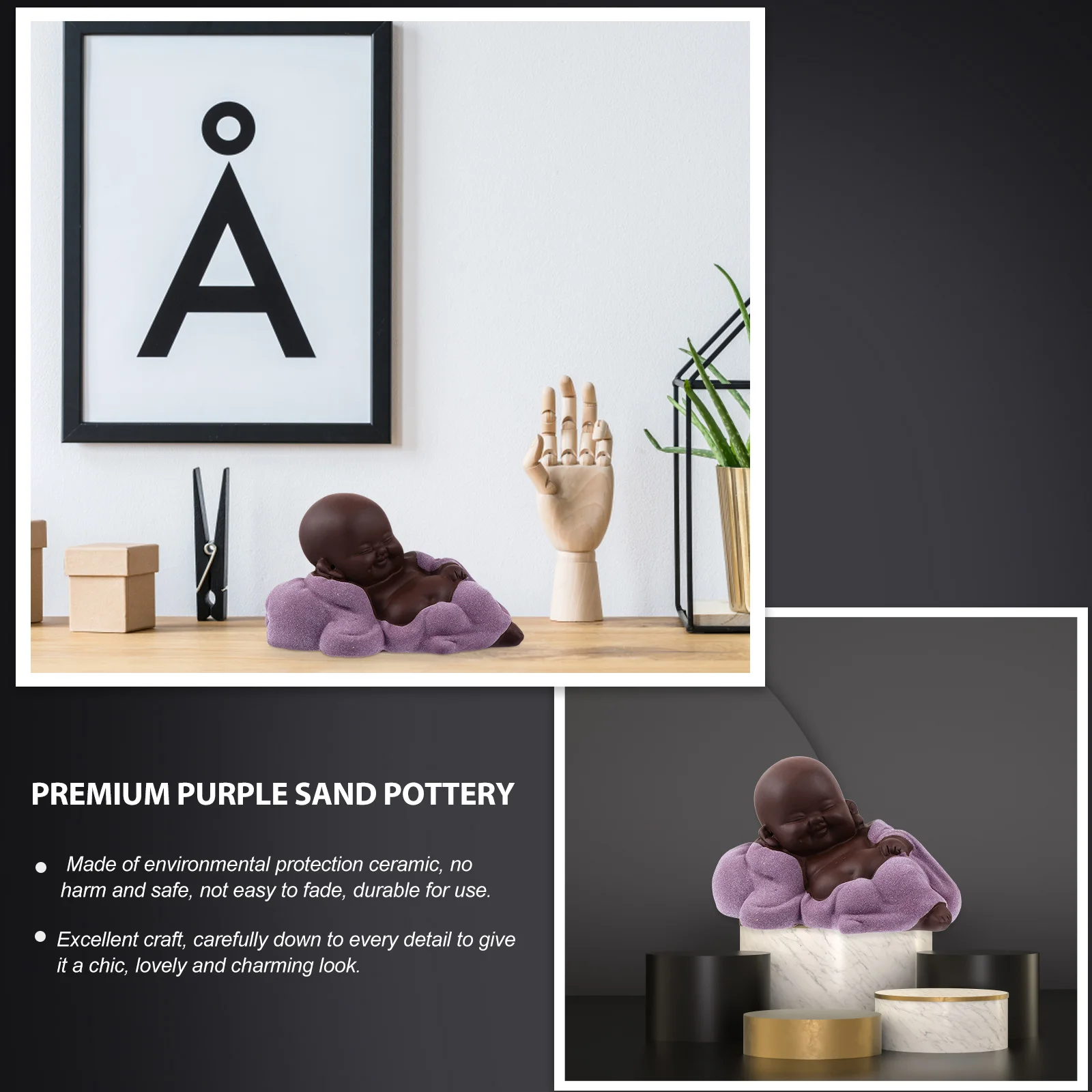 

4Pcs Maitreya Pet Decorations Handmade Purple Clay Statues Warm Office Zen Decor Item