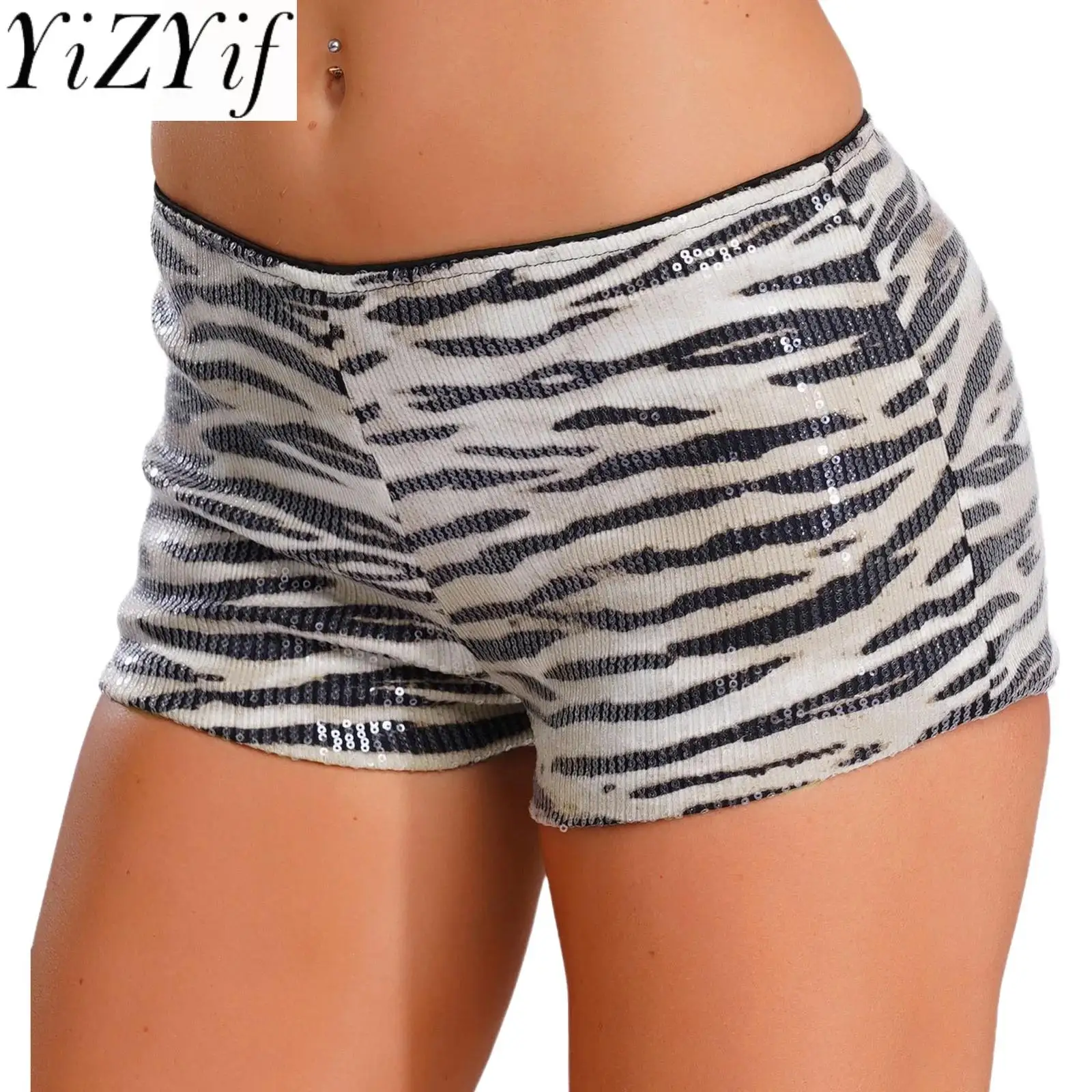 

Women Fashion Shiny Sequined Hot Pants Fully Lining Leopard Print Glittery Booty Shorts Club Wear for Party Pole Dance Raves