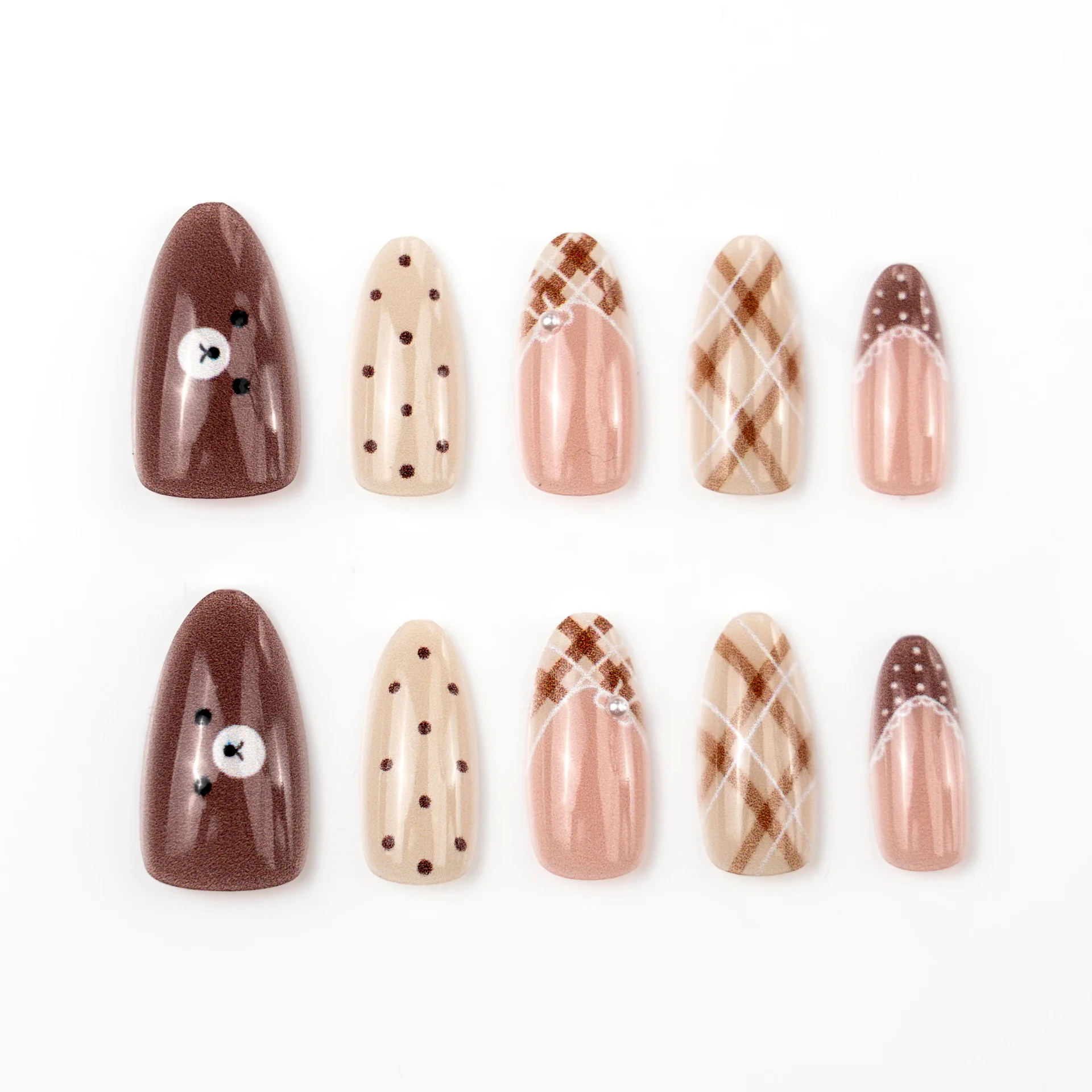 

24PCS Beige Plaid Press on Nails Almond Shape Cute Bear Bow Polka Dot Details False Nails Sweet Kawaii Daily Nail Art for Girls