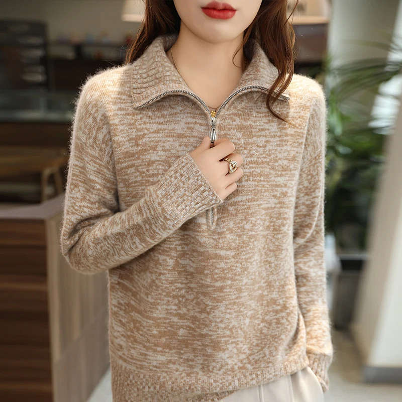 2024 Female 100% Wool Zipper POLO-collar Thickening Women Sweater Knitted Winter Dot yarn Fashion Vintage Tops