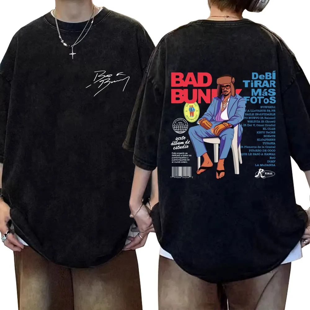 

Rapper Bad Bunny Washed Vintage T-shirt Debi Tirar Mas Fotos DTMF T Shirts Summer Men Women Hip Hop Fashion Pop Music T-shirts