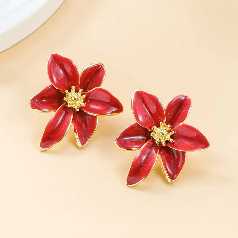 خمر الأحمر المينا قرط صغير زهري للنساء موضة الحلو نازف النفط شخصية أقراط السفر مجوهرات الزفاف