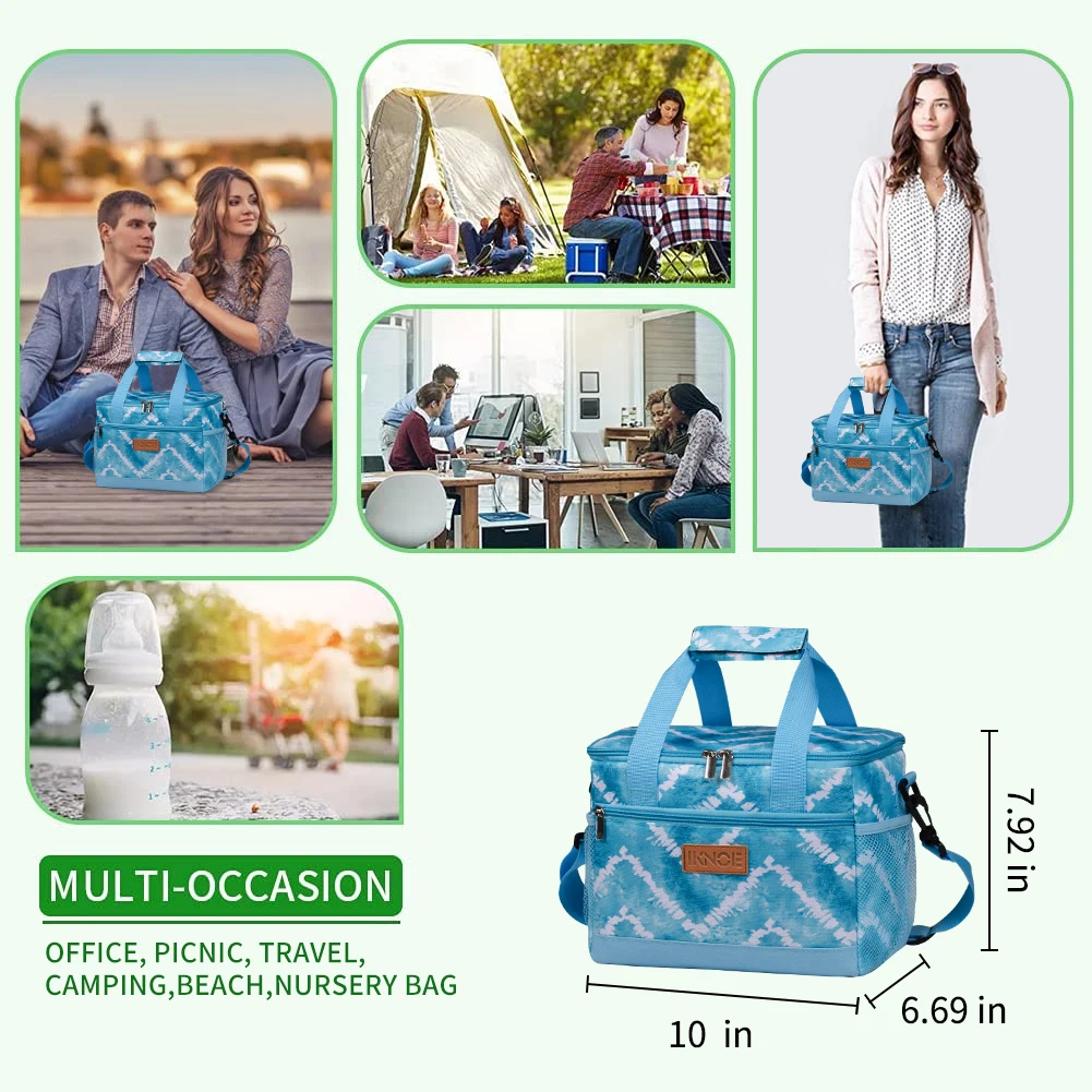 Bolsa de almuerzo con aislamiento de tira de onda azul, fiambrera térmica portátil, impermeable, para trabajo de Picnic, bolsa de calor para estudiantes con correa ajustable