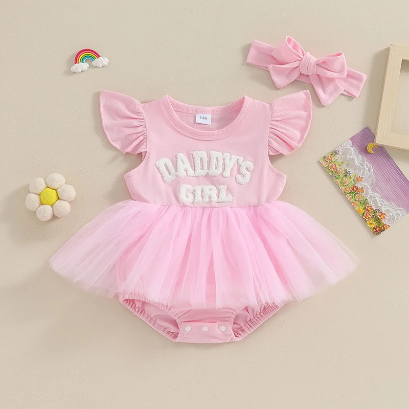 Cute Princess Baby Girl Rompers Outfits Letter Embroidery Mesh Layered Tulle Hem Bodysuits Dress Headband Cute Summer Clothes