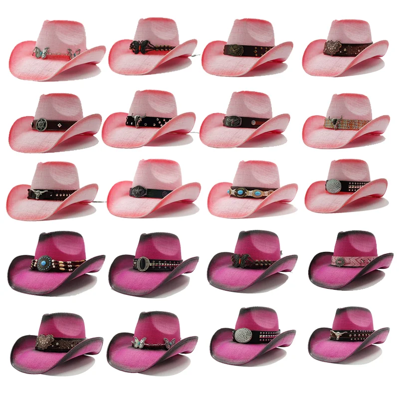 Western Thick Cowboy Hat Retro Pink Gradient Straw Hat 2025 New Men's and Women's Jazz Large Cowboy Hat Straw Hat Sun Hat Summer