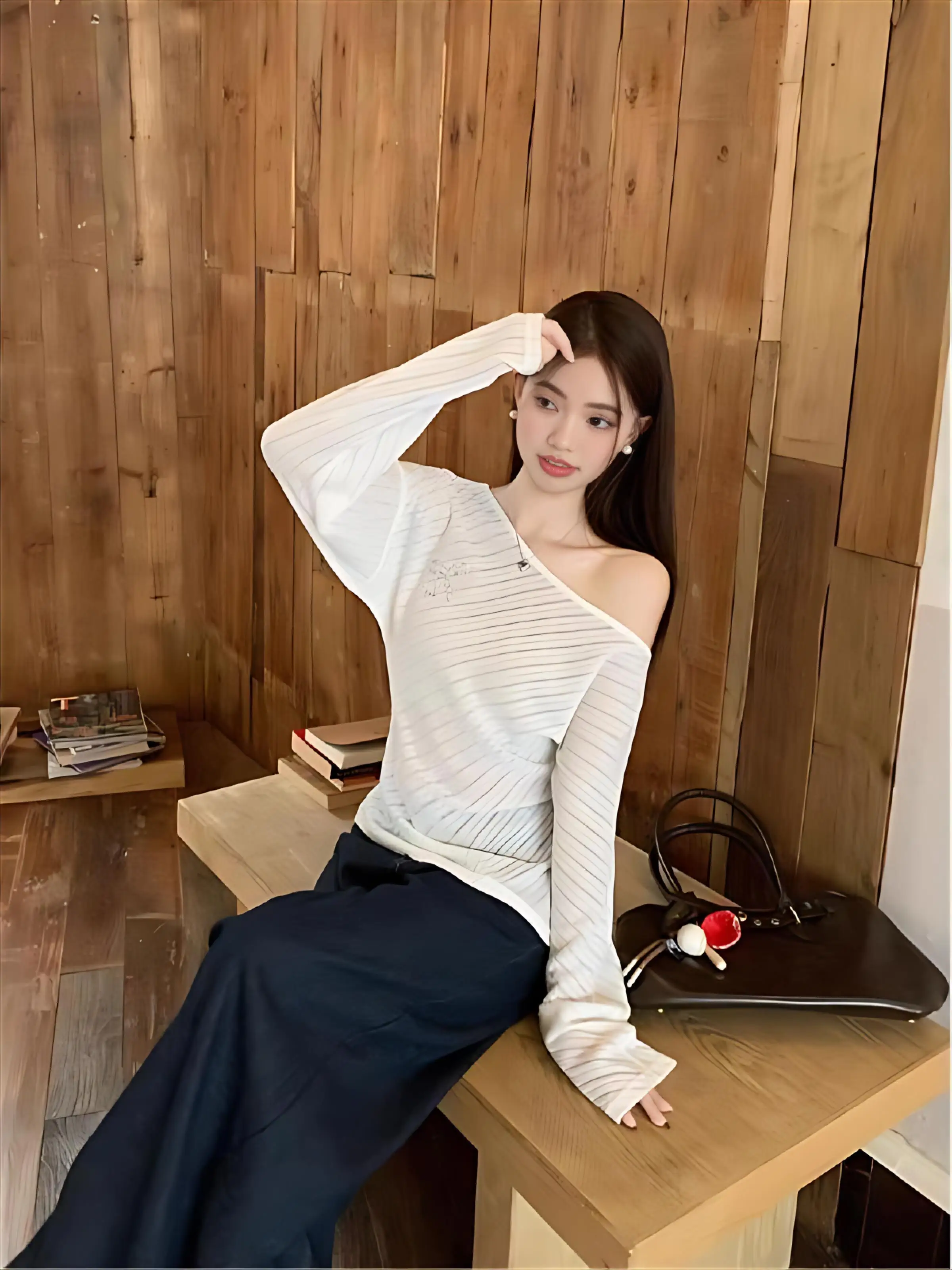 

Футболка с открытыми плечами в стиле хип-хоп, женская строчка, видимая строчка, оригинальный уникальный дизайн, крутой, современный, модный, шикарный, женский стиль