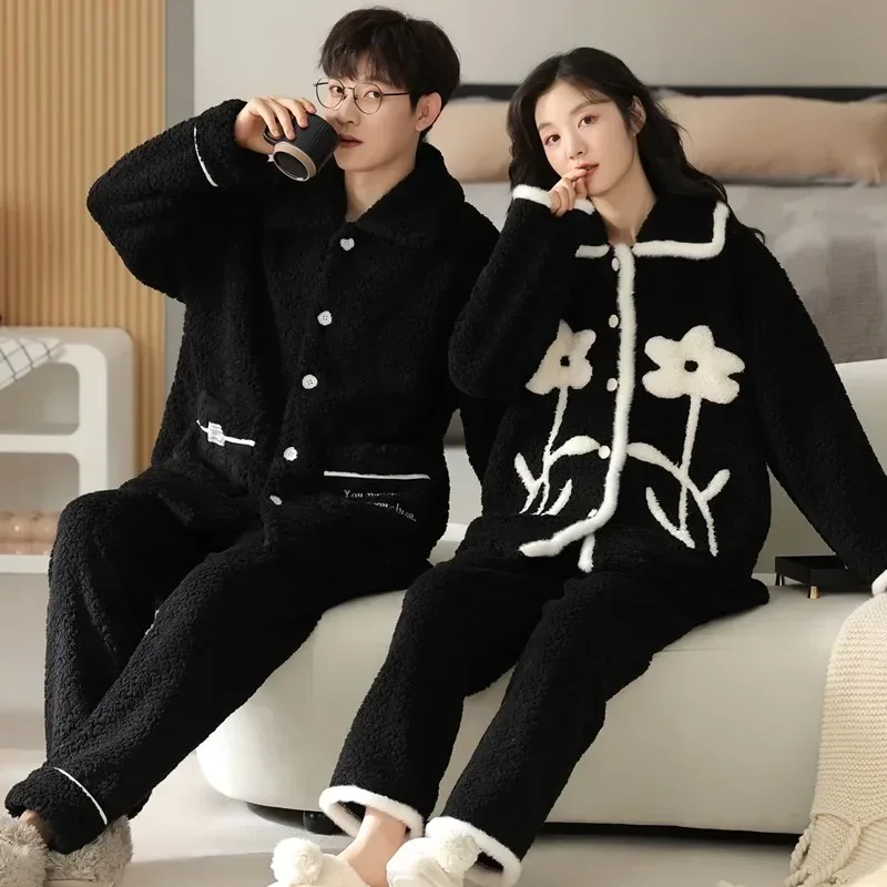 Couple Pajamas Winter Coral Velvet Lapel Sleepwear Men and Women Thick Flannel loungewear pijama mujer Hombre Homewear Dropship