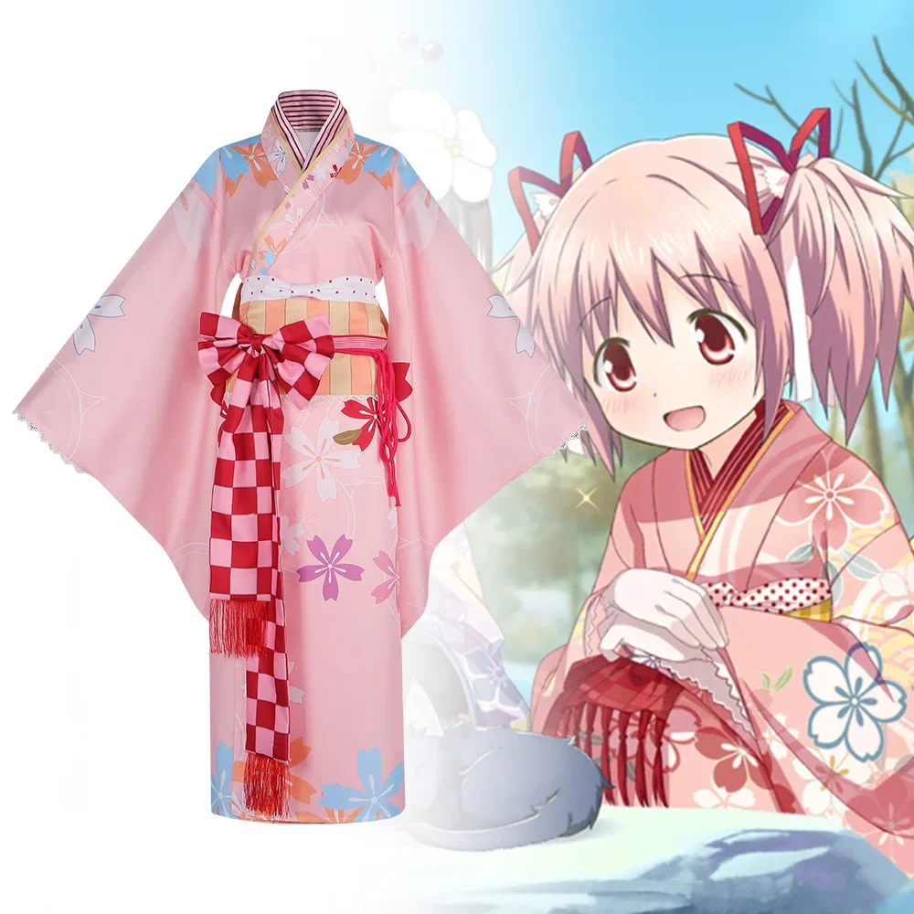 

Kaname Madoka Cosplay Kimono Costume Anime Puella Magi Madoka Magica Japanese Pink Dress Halloween Party Uniform for Women Girl