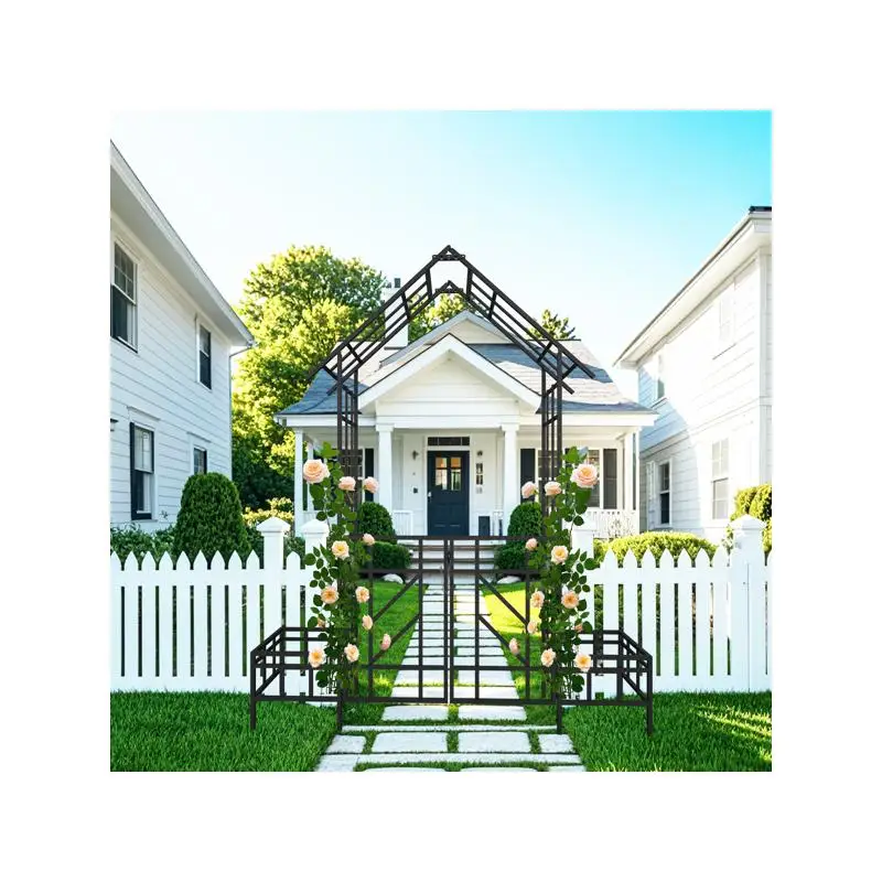 

Metal Garden Arch with Gate and Planter, W80.71 H97.24, Climbing Plant Support for Roses, Outdoor Black Trellis