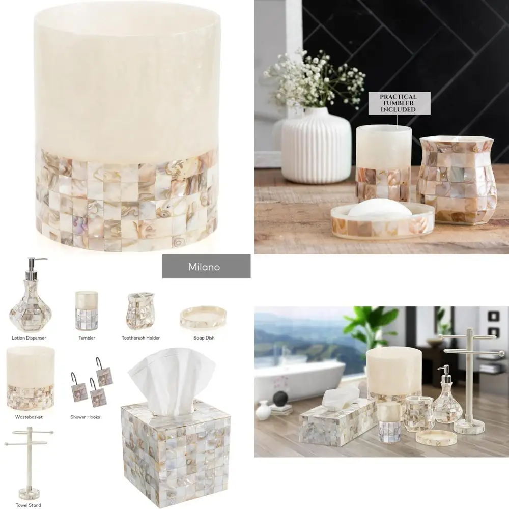 

Decorative Wastebasket with Mother of Pearl Shells - 1.58 Gallon Modern Bathroom Trash Can for Small Spaces