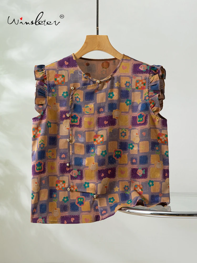 

Winsleter-100%Real Silk Watered Gauze Elegant Vest, O Neck Cartoon, Women Age Reduction Chic Loose Vest, 2026 Summer T65434CC