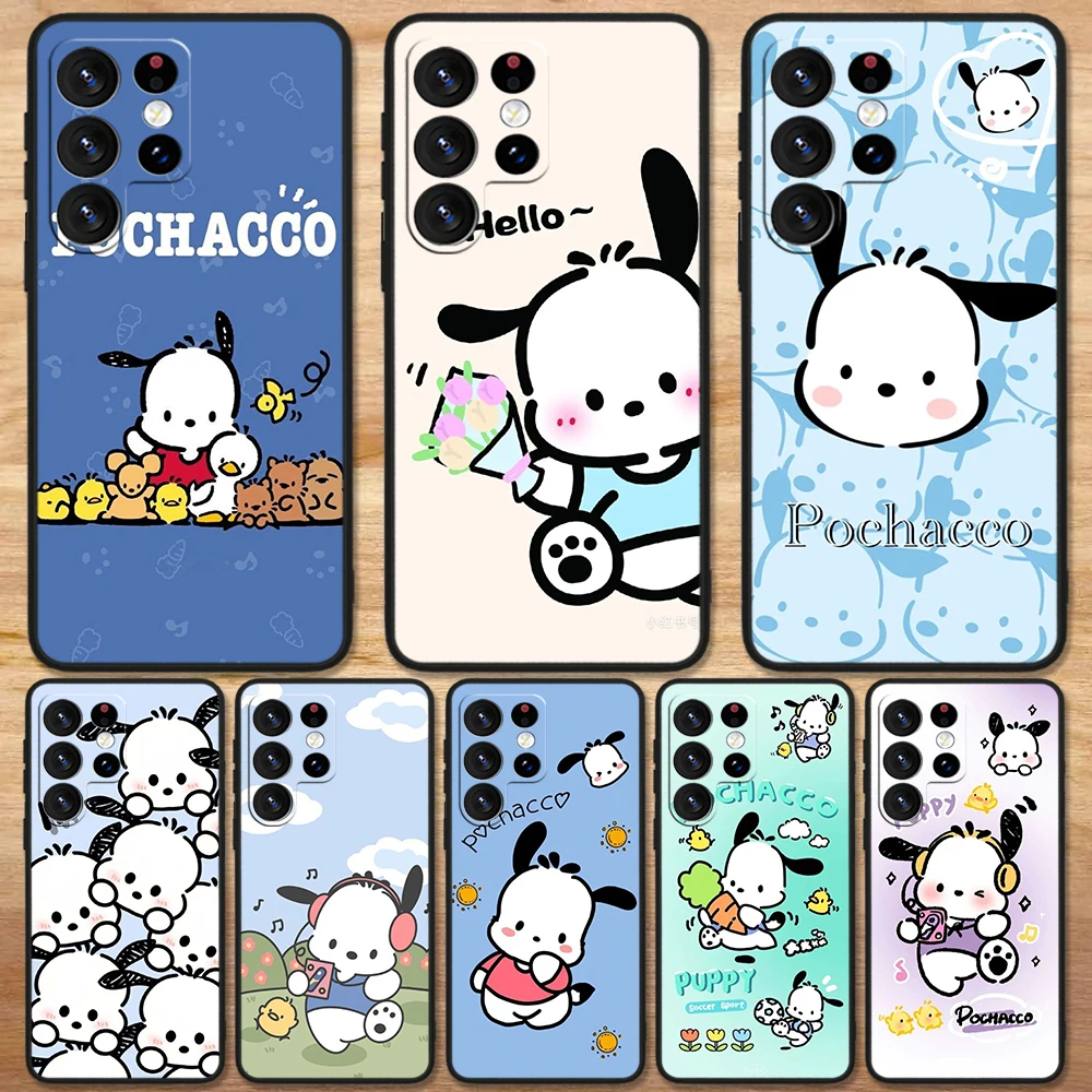 Pochacco Cute Cartoon For Samsung Galaxy S24 S23 S22 S21 S20 FE S10 Ultra Plus Shockproof Soft TPU Black Phone Case