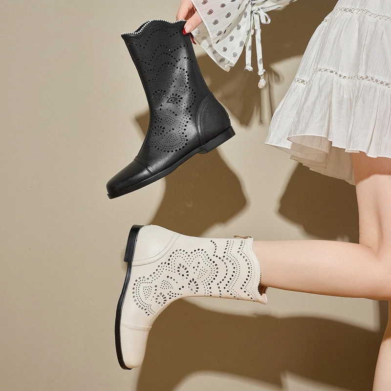 

Women's new spring and summer genuine leather cowhide low heel, large size, back zipper hollow out short boots, cool boots