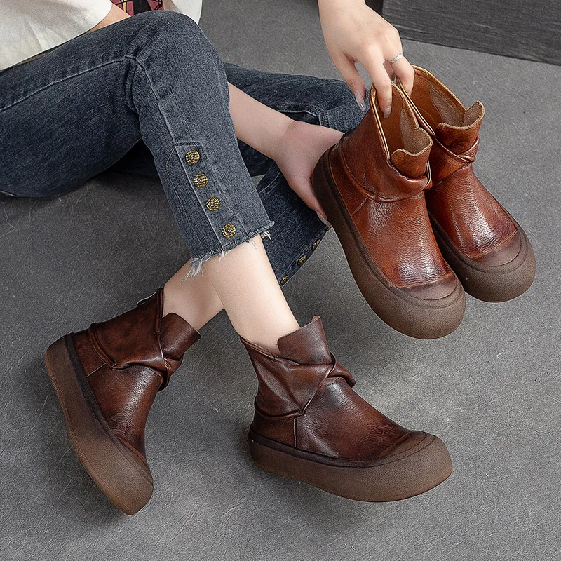 GKTINOO Genuine Leather Flat Platform Shoes 2024 Autumn Winter New Retro Solid Color Round Toe Thick Soled Short Boots