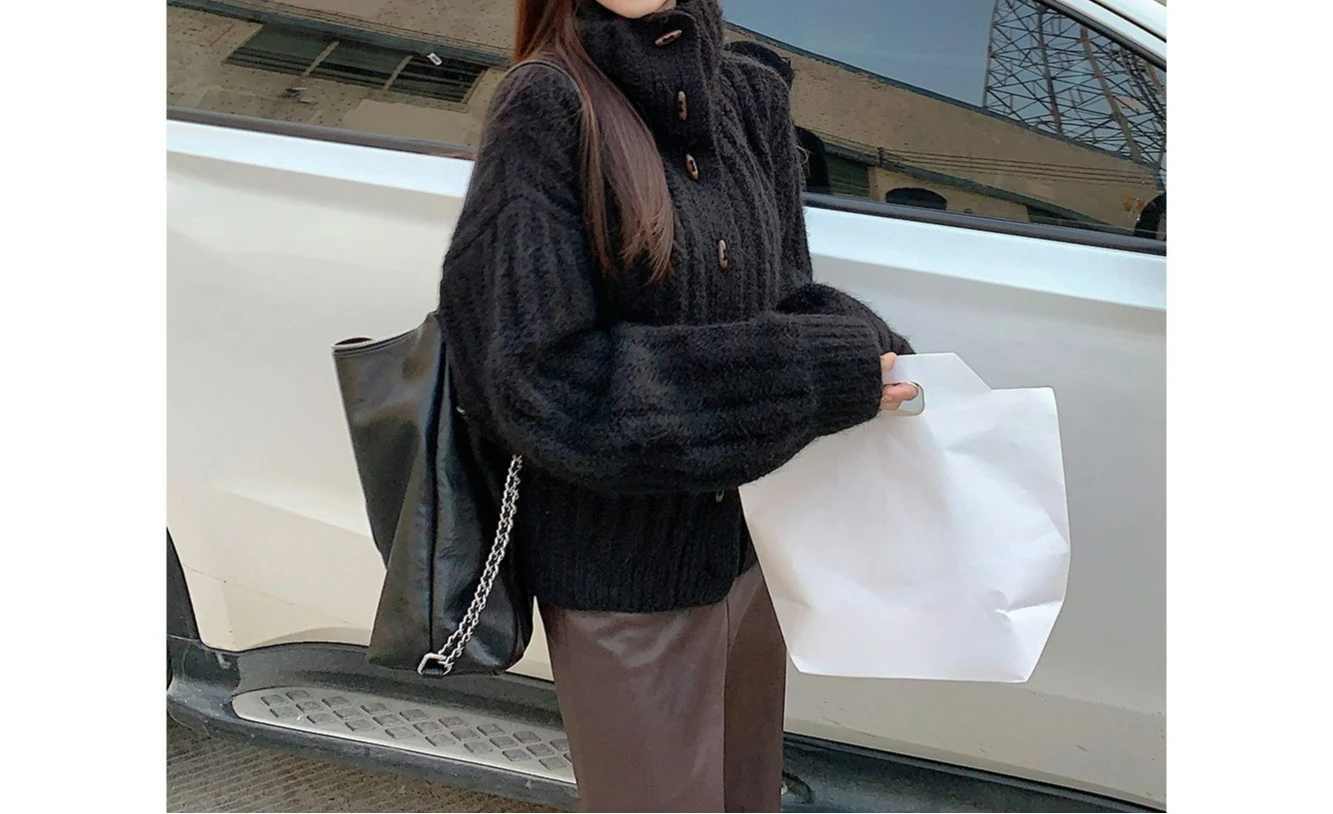 

Cow Horn Button Sweater Jacket for Women's Autumn New Style Thick Stand Collar Loose Long Sleeved Knitted Top