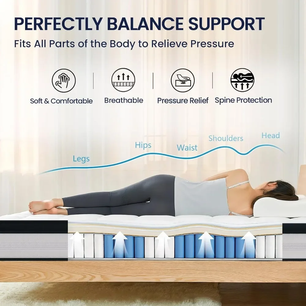 Mattresses 12 Inch, Memory Foam Pocket Springs Mattress with Motion Isolation and Pressure Relieving, Mattresses