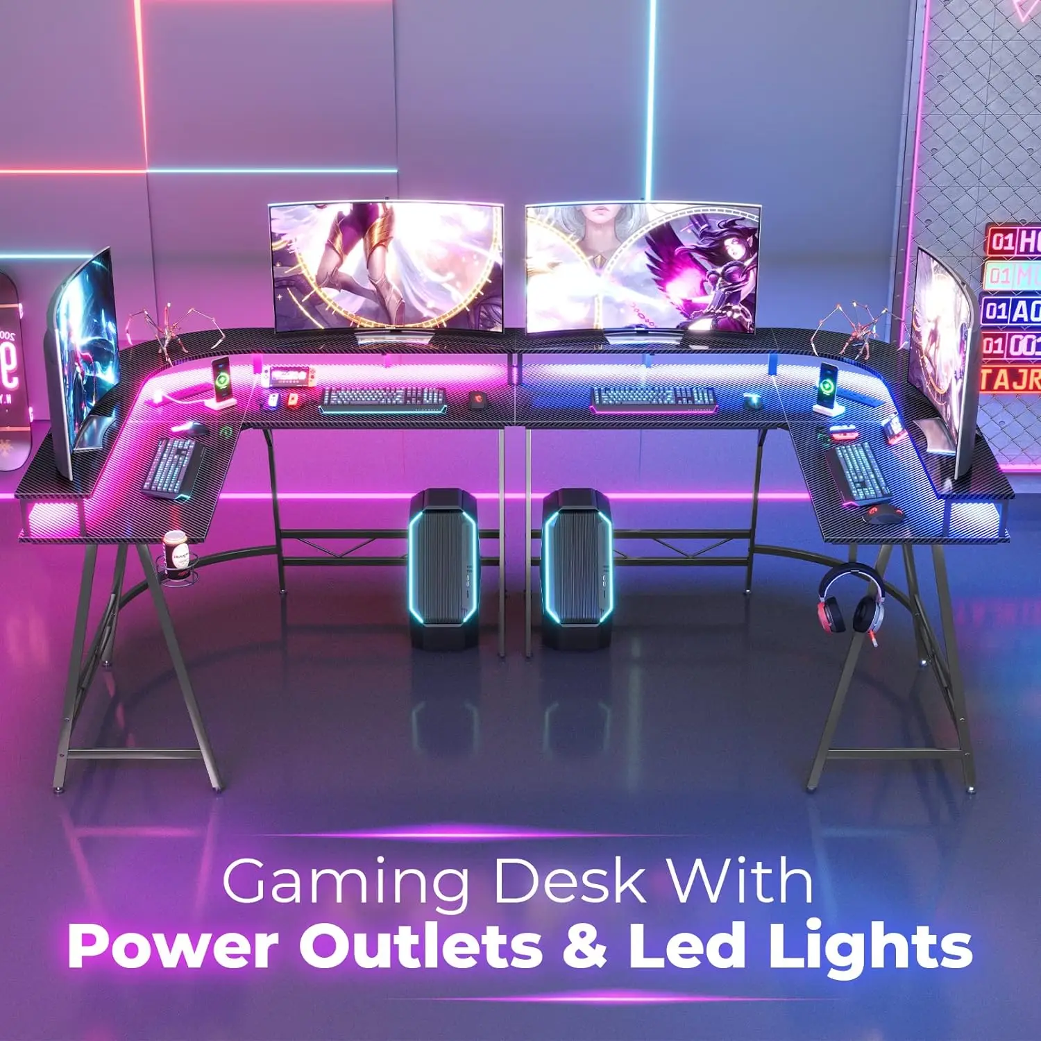 Mesa De Jogos Em Forma De L Com Luzes LED, Tomadas De Energia, Mesa Do Computador, Escritório Em Casa, Mesa De Canto Com Suporte De Copo E Gancho