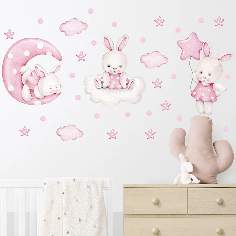 Autocollants muraux de chambre de bébé fille, Stickers muraux de dessin animé lapin rose, décoration de chambre d\'enfants, pour la crèche