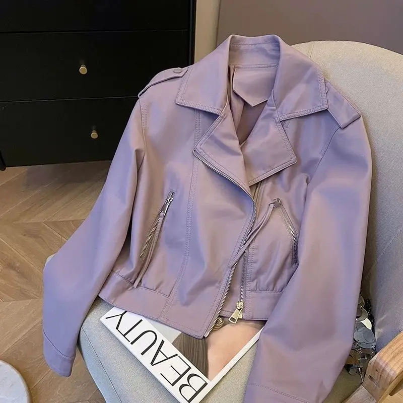 Women's Motorcycle Sle Leather Jaet Loose Fit Turn-down Collar ort Coat Upperwear Autumn New Arrival Premium Feeling