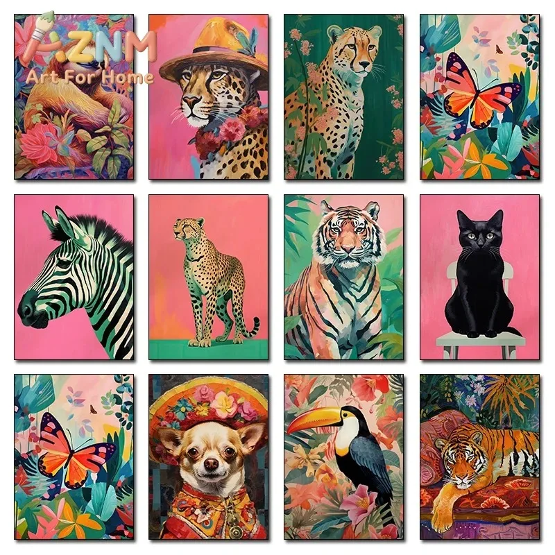 Animal Toucan Jungle Cheetah Pink Leopard Tiger Zebra Dopamine Poster Print Wall Art Pictures Canvas Painting Room Home Decor