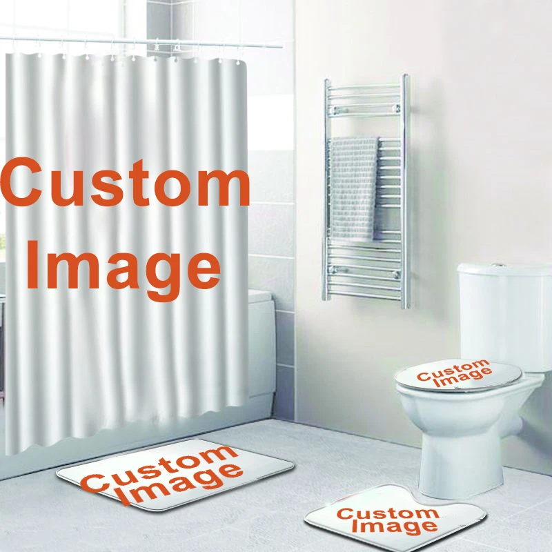 Customized Logo Photo Bathroom Set Waterproof Shower Curtain with Hooks Toilet Cover Mat Bath Decor 4Pcs/set POD Dropshipping