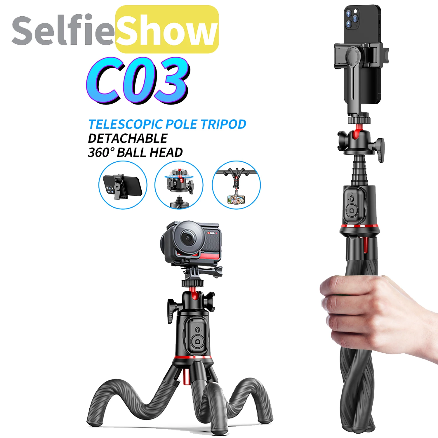 

Selfieshow Flexible 360 Ball Head Portable Travel Tripod Cell Phone Stand Clip Selfie Stick Tripe for Live Streaming Vlogging