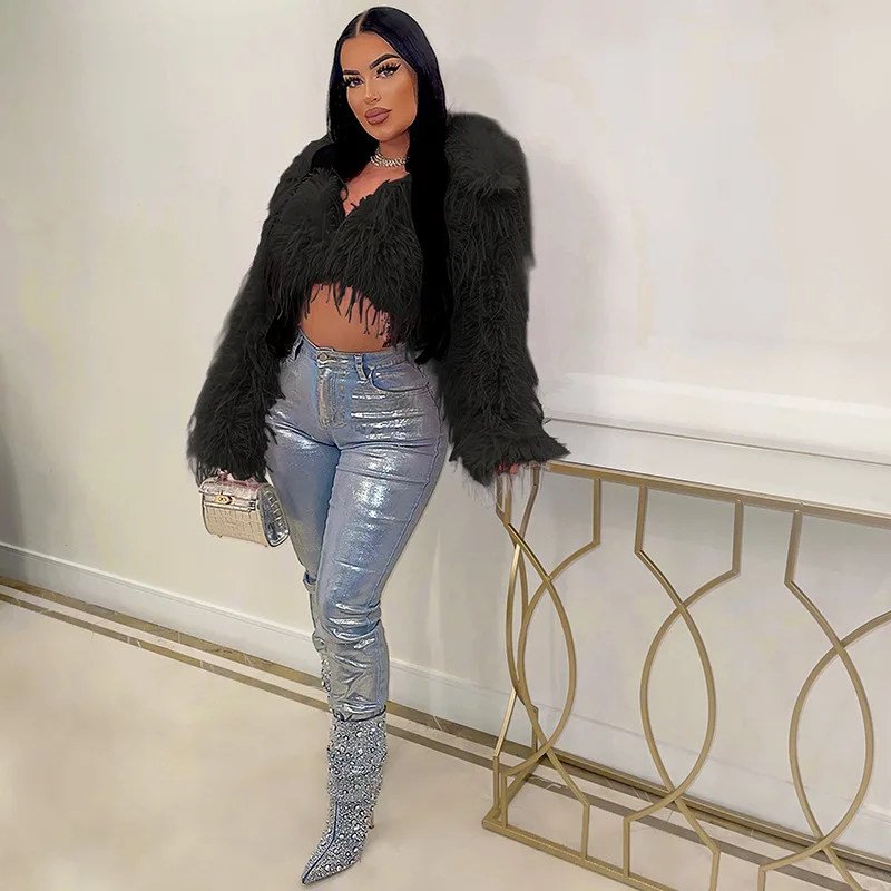 KIDCRKJ Women Winter Artificial Fur Coat Cropped Fringed Long Sleeve Female Faux Fur Coat Multicolor Sexy Lady Eco Fur Jacket