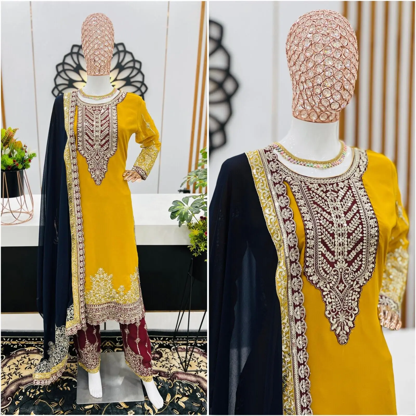 Salwar Kameez Full-Sleeve Round Neck Long Sleeved Sharara Heavy Faux Georgette with Embroidery Indian Ethnic Traditions