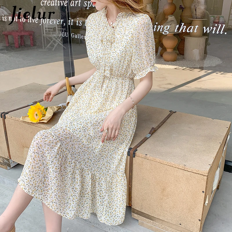 Yellow Short-sleeved Floral Chiffon Womens Dresses Korean Style Fashion Sweet Midi Dresses Women A-line Bow Collar Dress S-XXL