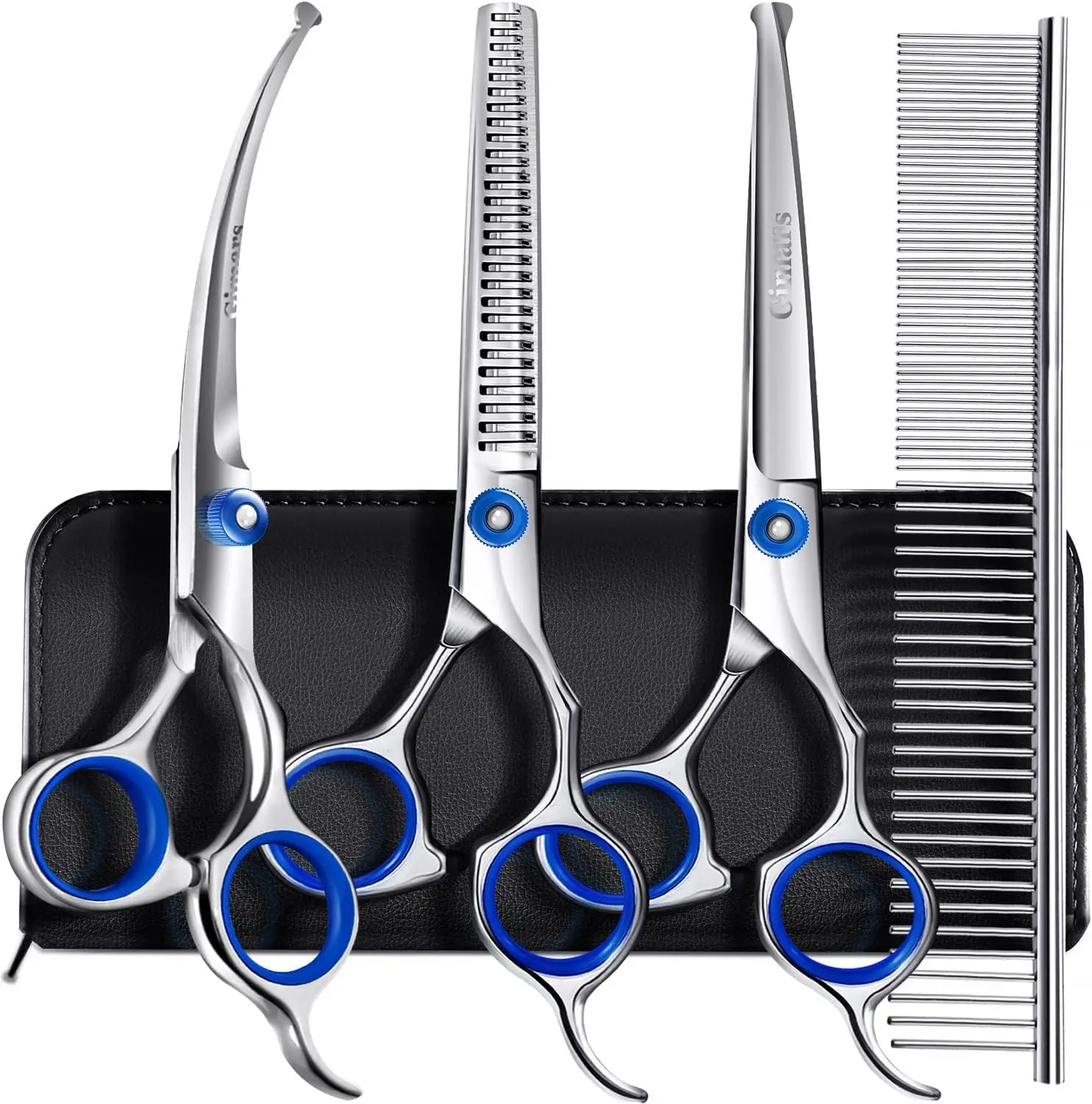 

5 in 1 Dog Grooming Scissors Set with Safety Round Tips, Titanium Coated Straight Thinning Curved Shears