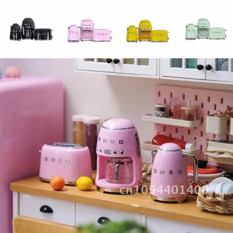 3PCS 1:6 Scale Miniature Dollhouse Kitchen Appliance Mini Toaster Kettle Coffee Machine Set for Blyth BJD Doll Accessories Toy