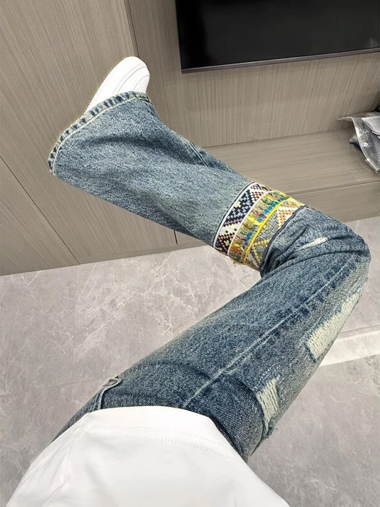 

Cleanfit American High Street Embroidered Walnut Flower Jeans Men Women Micro Flared Hole Knife Slim Straight Leg Pants