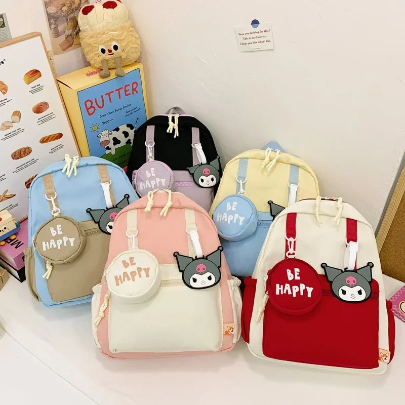 Sanrio Kulomi, bonita mochila escolar de tendencia para niños, mochila ligera informal de gran capacidad con colores contrastantes de dibujos animados