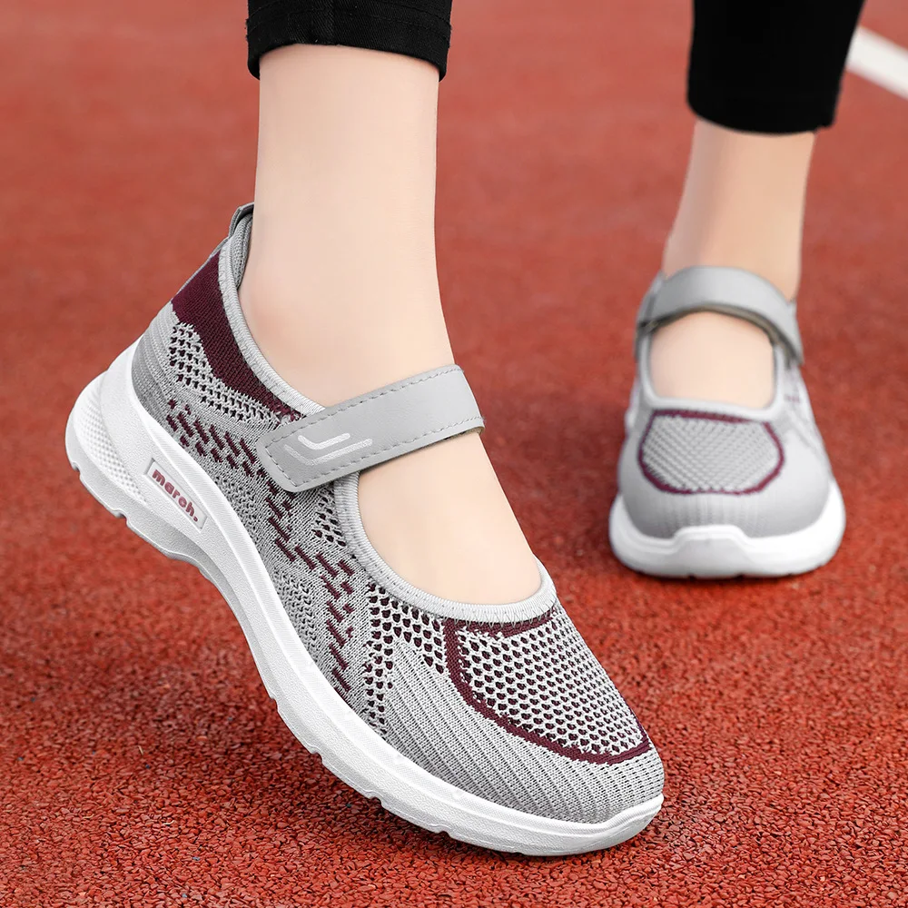 2024 Spring/Summer New Middle and Elderly Mom\'s Shoes Soft Sole Shallow Mouth Walking Shoes Adhesive Casual Single Shoes