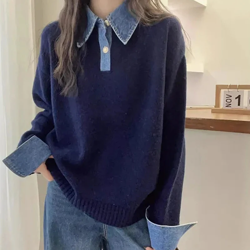 Damski sweter z dzianiny patchworkowej z denimu Harajuku Y2K, luźny, casualowy pulower z długim rękawem, gruby, ciepły, szykowny sweter w stylu amerykańskim.