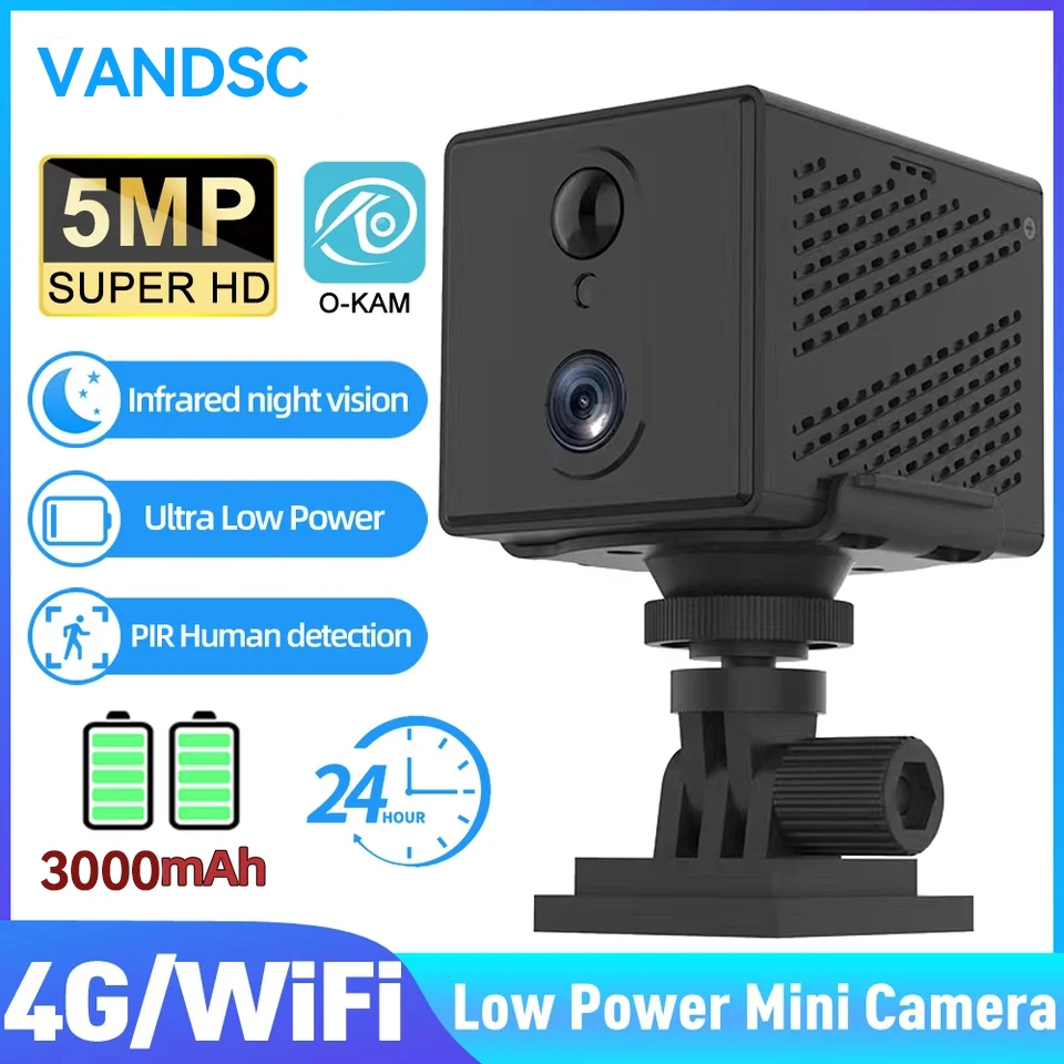 Mini caméra HD 5MP 4G ou WiFi, Vision nocturne intérieure, Surveillance de sécurité, batterie 3000mAh, faible puissance, pour la maison