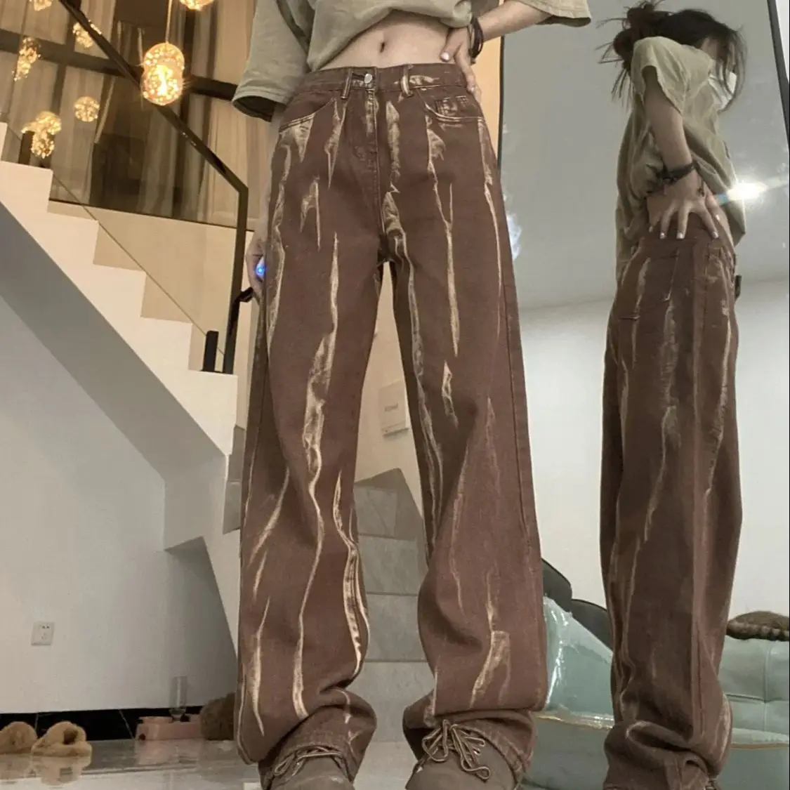 Jeans Tie-Dyed Brown High Waist American Retro High Street Straight Tube Loose And Slim New Spice Girls Floor Mopping Pants