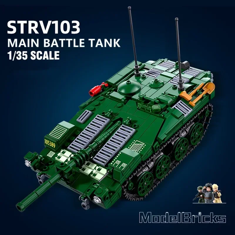 

692PCS Military STRV103 Main Battle Tank MBT Model Bricks Army Weapon Land Force Creative Building Blocks Figures With Stickers