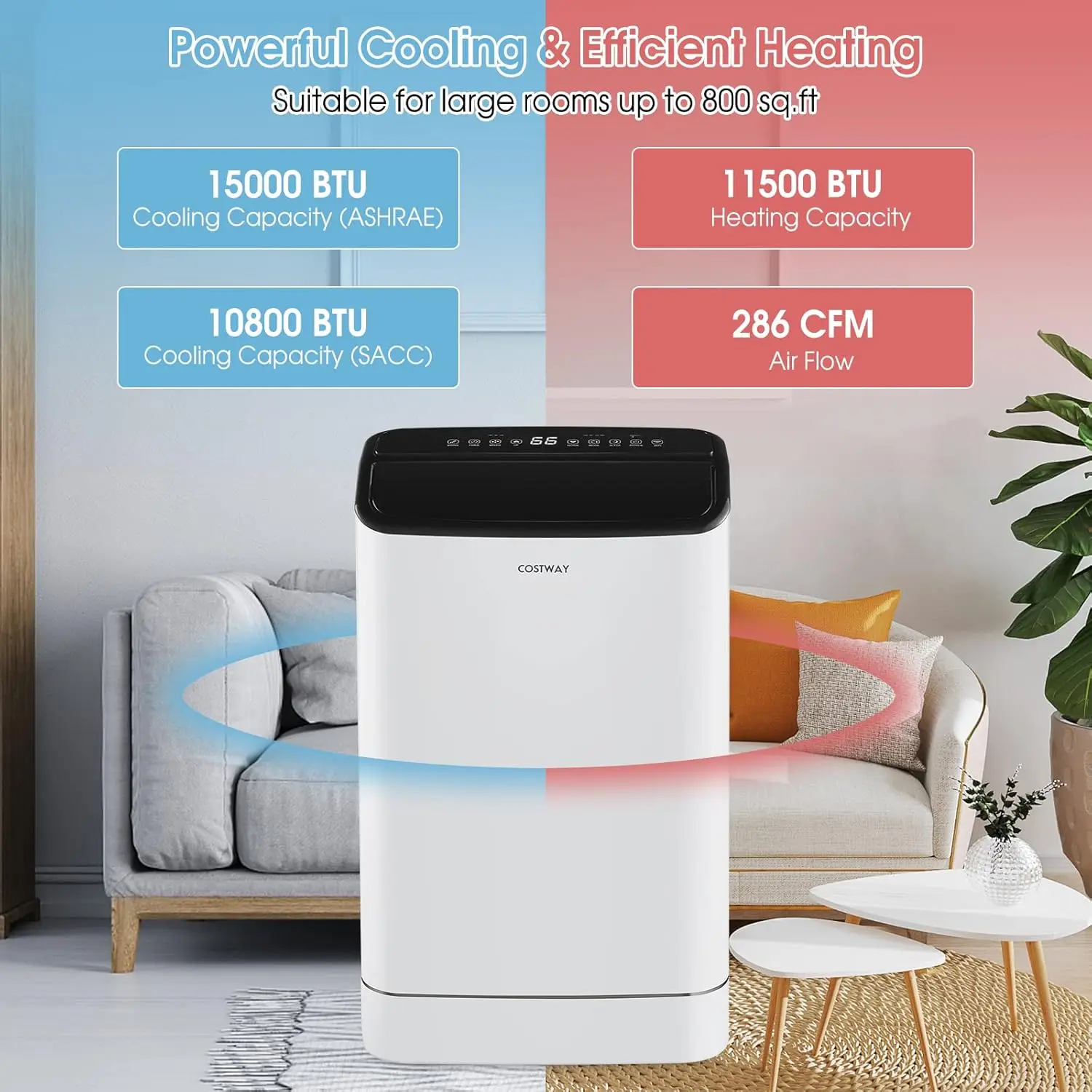 15000 BTU Portable Air Conditioner, with Heat, Auto Swing 4-in-1 AC Unit for Rooms up to 800 Sq.Ft, with Built-in Dehumi