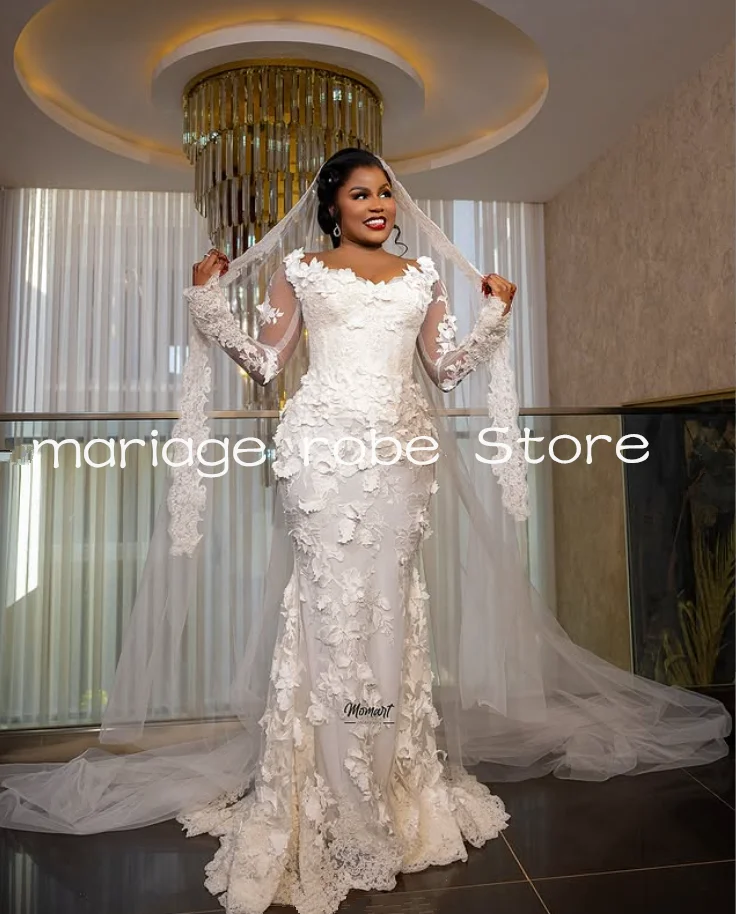 Mermaid African Ankara Garden Wedding Dresses 3D Floral Lace Long Sleeve Aso Ebi Church Bridal Gown Garment Customsized