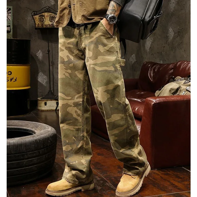 Camuflagem estilo safari jeans masculino outono chique high street solto calças retas perna larga casual harajuku bolsos pintados calças