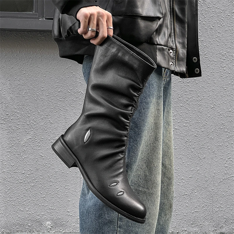 Original Design Hight Quality British Punk Style Calf-High  Height Increasasing Boots For Men\'s Black Hombre Party Banquet Dress