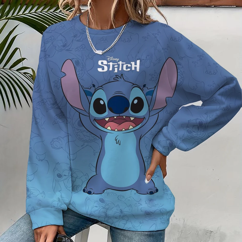 Women\'s Disney Stitch print Long Sleeve Sweatshirt Vintage Korean Harajuku Y2k Aesthetic Oversize Graffiti Print Pullover 2000s