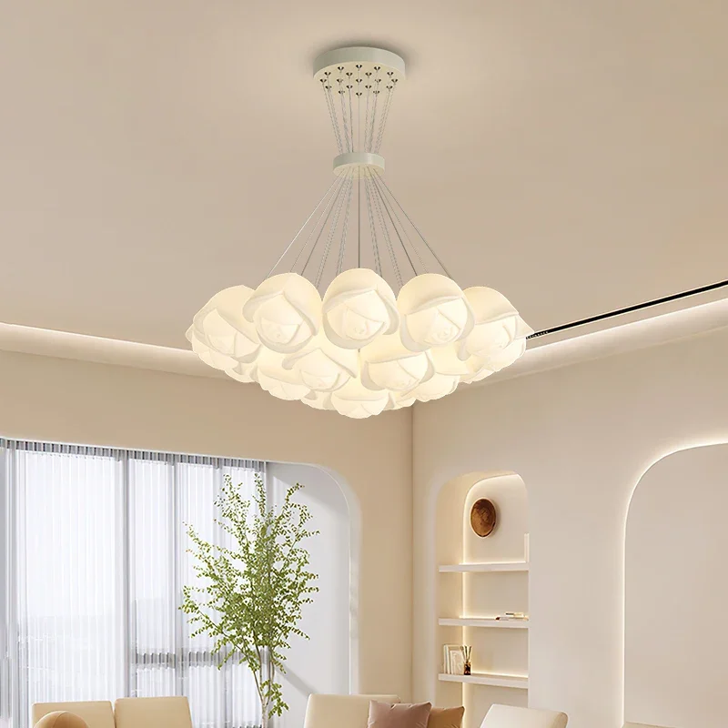 Modern Nordic Style LED Chandelier Rose Flower Chandelier for Living Dining Room Bedroom Kitchen White Green Flower Pendant Lamp