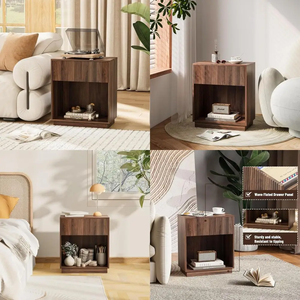 Sepasang Nakas Walnut Kontemporer dengan Laci dan Rak